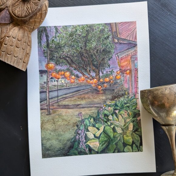 Original Watercolor: Pumpkin Lantern Tree ii: Violet Sky - Picture 1 of 4
